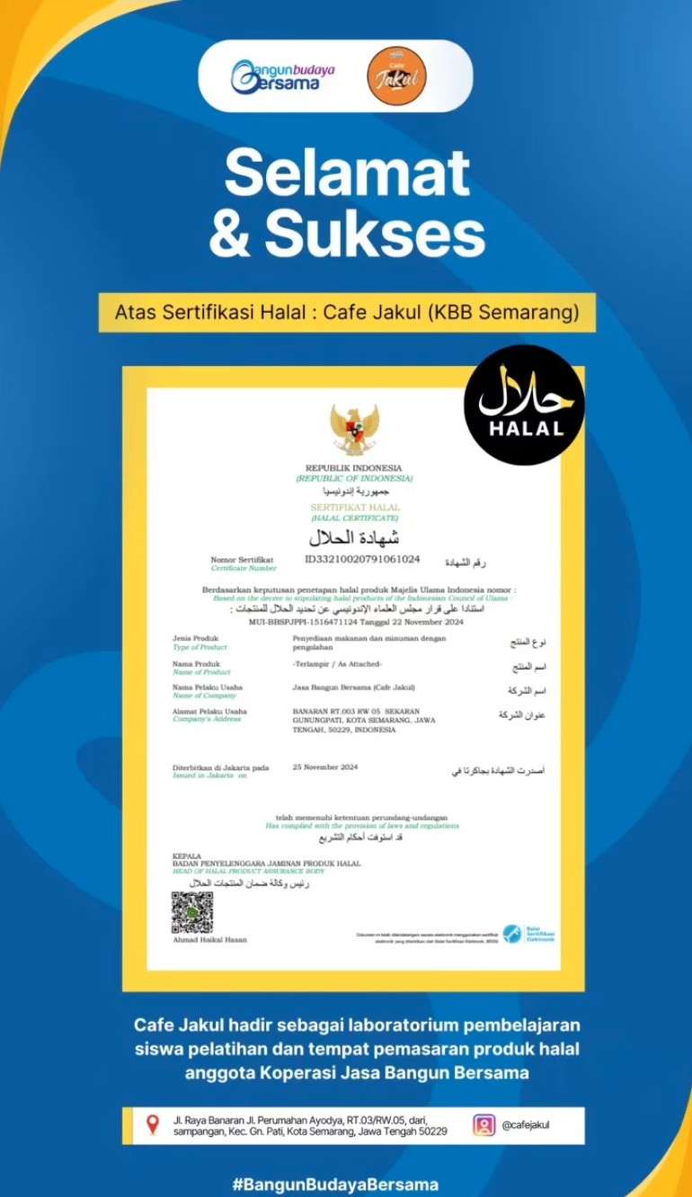 Cafe Jakul sudah bersertifikat HALAL
